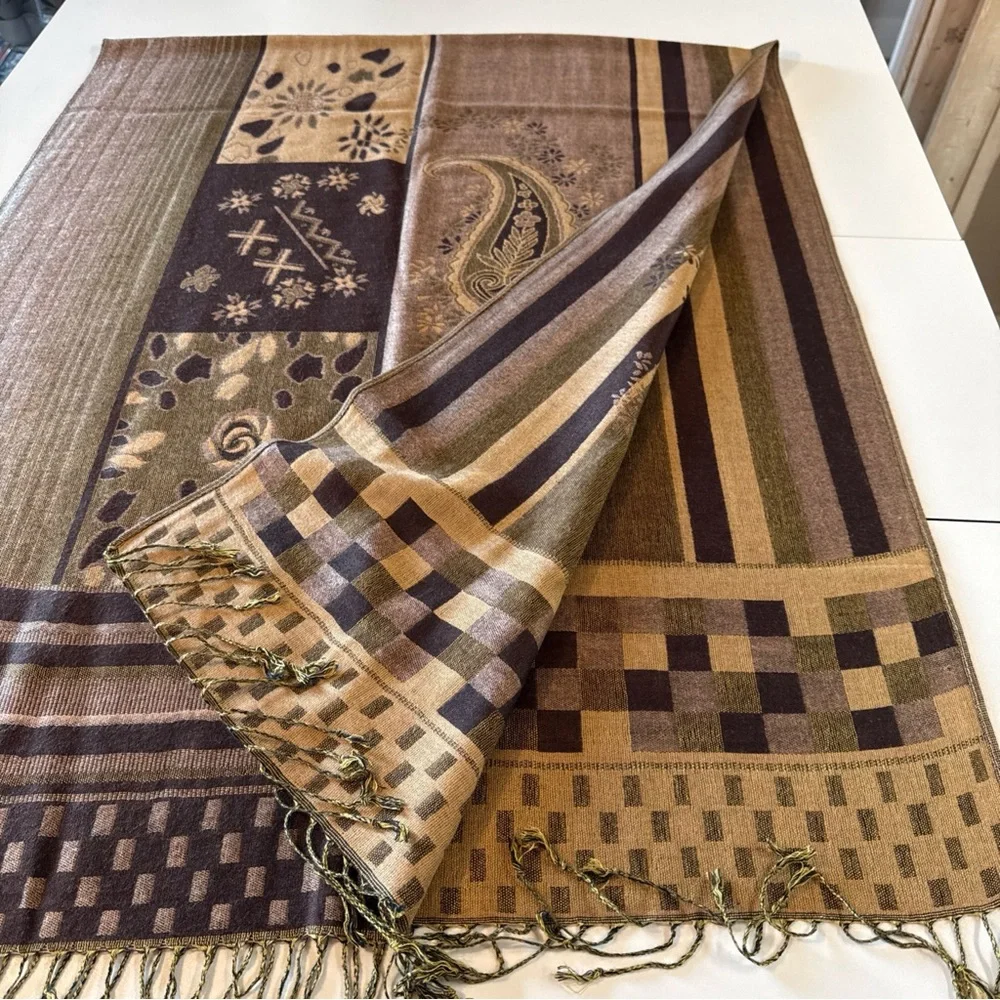 Pashmina Scarf Wrap Shawl Throw Brown Paisley Checkerboard Stripe Fringe 28